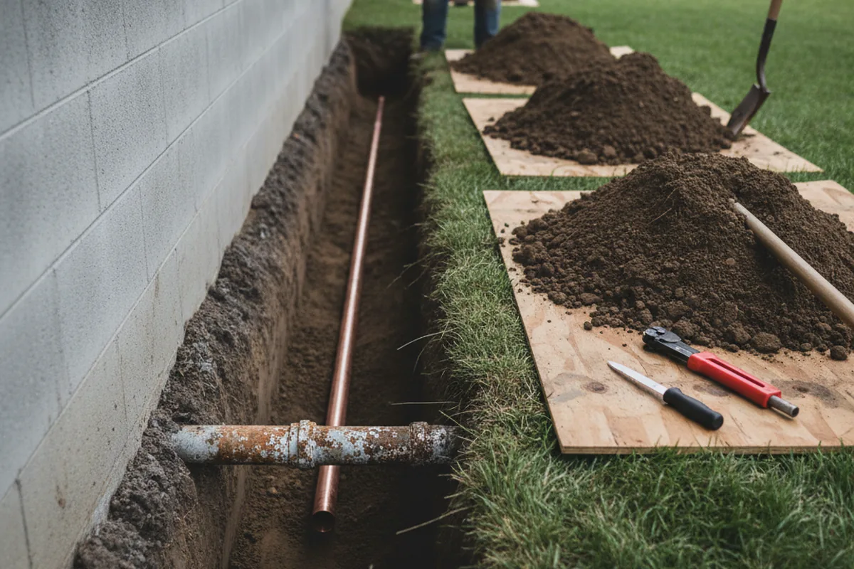 Excavated water line trench during Water Softener Installation in Stokesdale